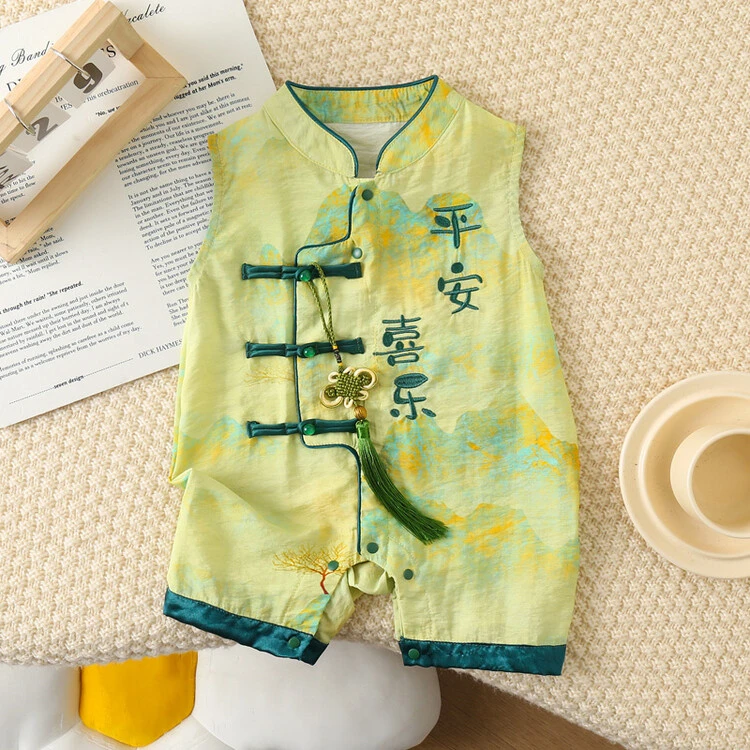 婴儿夏季薄款连体衣男宝宝中国风汉服周岁礼服百天满月新生儿夏装
