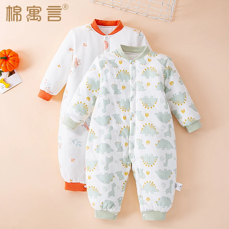 婴儿纯棉连体衣新生儿爬服男女宝宝外出厚棉衣秋冬季加棉保暖哈衣