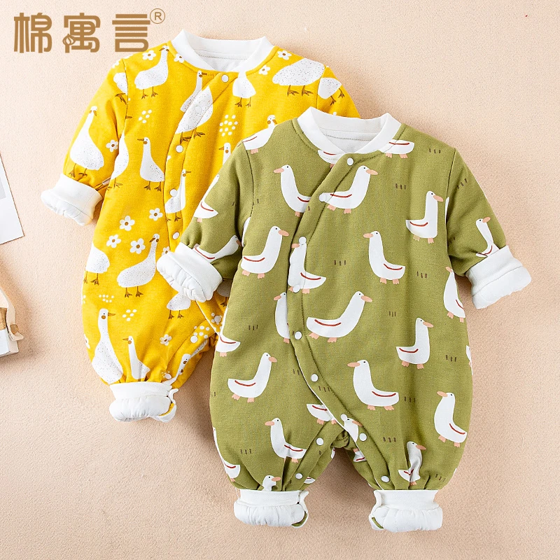 秋冬装宝宝斜襟哈衣加棉新生儿加厚保暖连体衣夹棉婴儿爬爬服睡衣