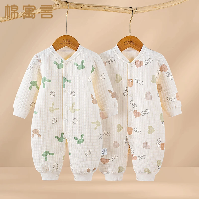 婴儿哈衣秋冬加厚连体衣新生儿家居服空气棉爬服宝宝长袖保暖睡衣