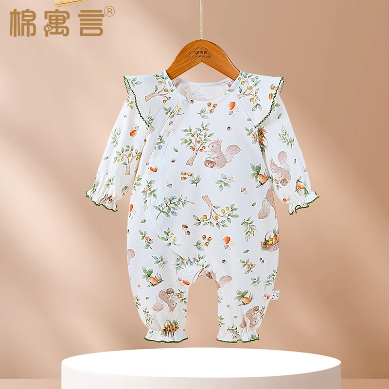 婴儿纯棉连体衣春秋季哈衣宝宝飞飞袖无骨可爱超萌空调爬服四季款