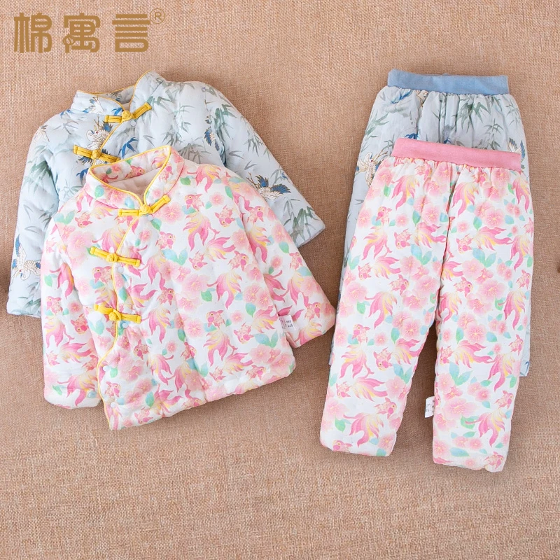 纯棉花手工棉袄棉裤儿童套装秋冬季夹棉中国风宝宝棉衣分体两件套