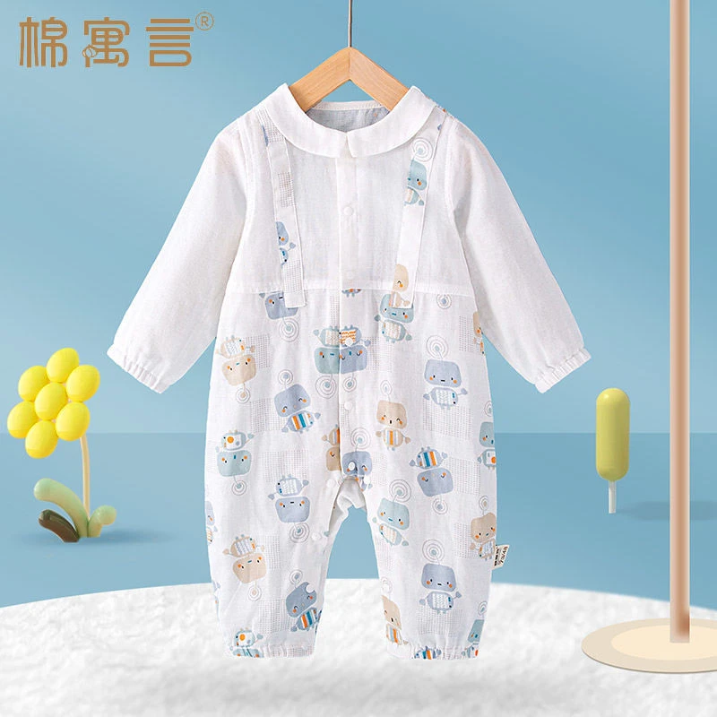 棉寓言婴儿纯棉纱布连体衣夏季薄款哈衣翻领长袖可开裆外出爬服