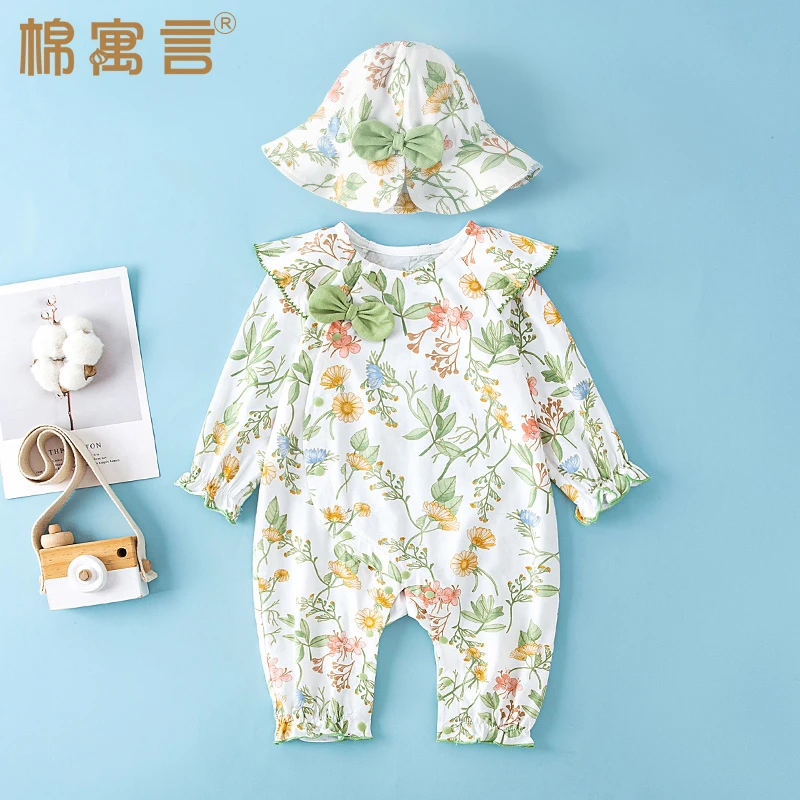 纯棉婴儿连体衣春夏季薄款新生儿外出衣服爬服女宝宝飞袖可爱哈衣