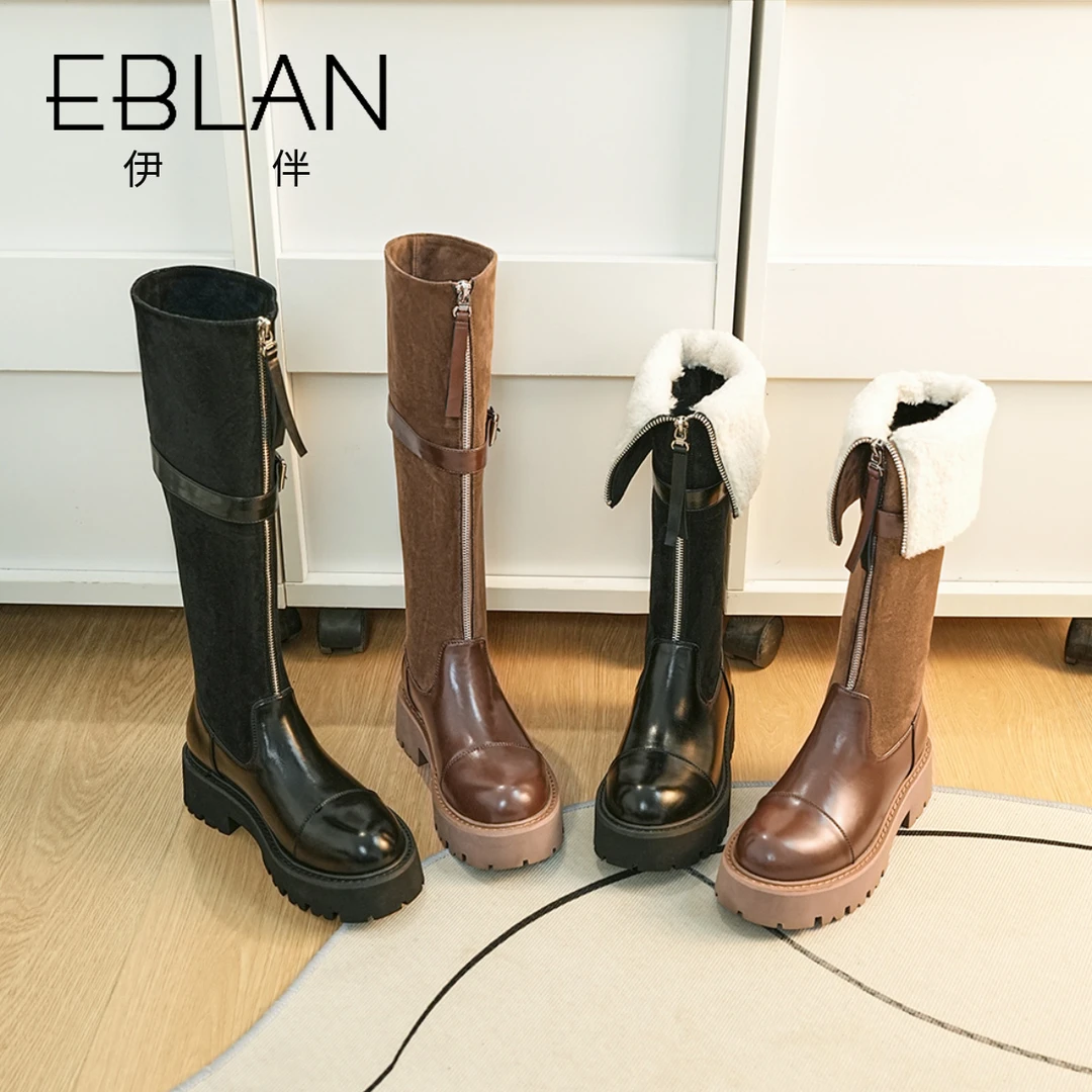 EBLAN/伊伴及膝长靴女冬加绒雪地靴拼接厚底高筒靴时尚女靴