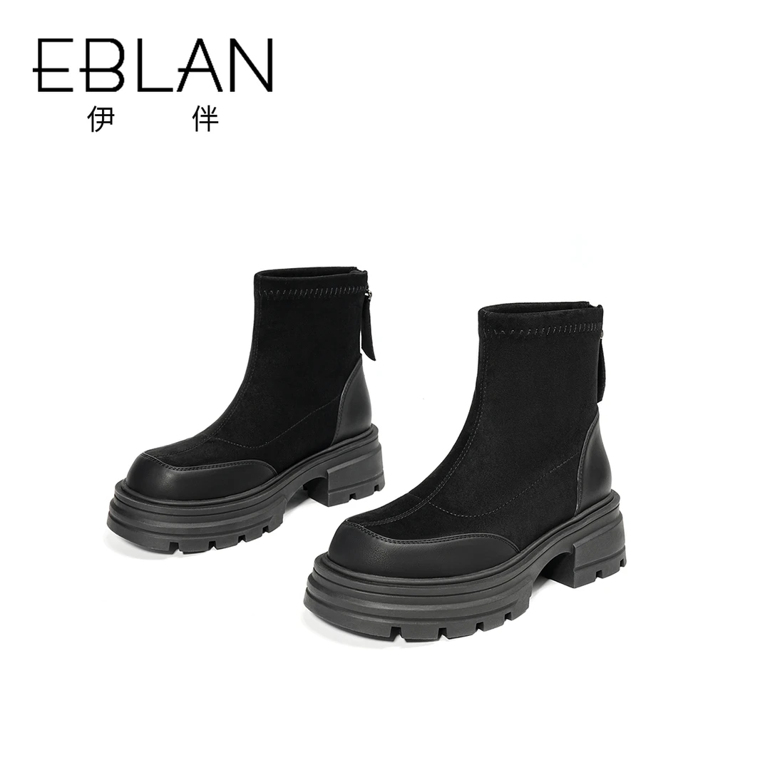 EBLAN/伊伴2023秋冬新款厚底松糕底马丁靴瘦瘦靴女短靴加绒弹力靴