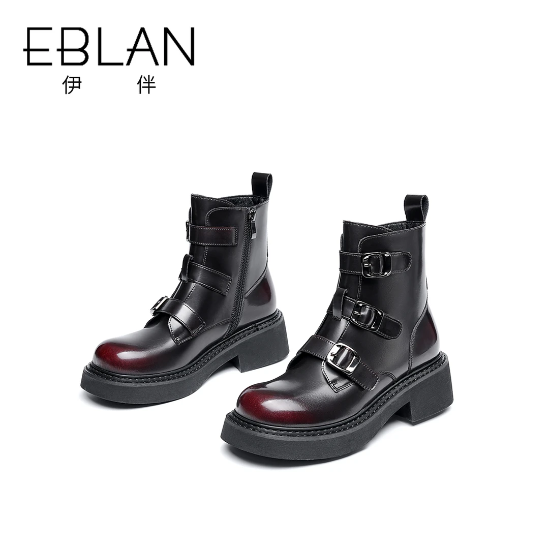 EBLAN/伊伴马丁靴2023秋冬新款复古英伦风潮流百搭机车短筒靴女靴