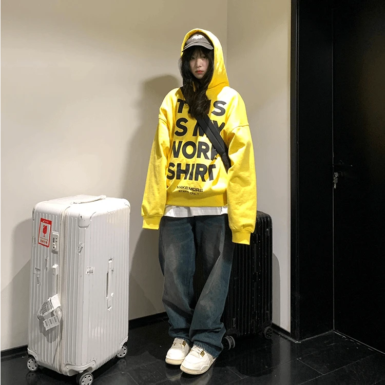 美式复古秋冬高街潮牌字母印花多巴胺连帽卫衣女百搭宽松情侣帽衫