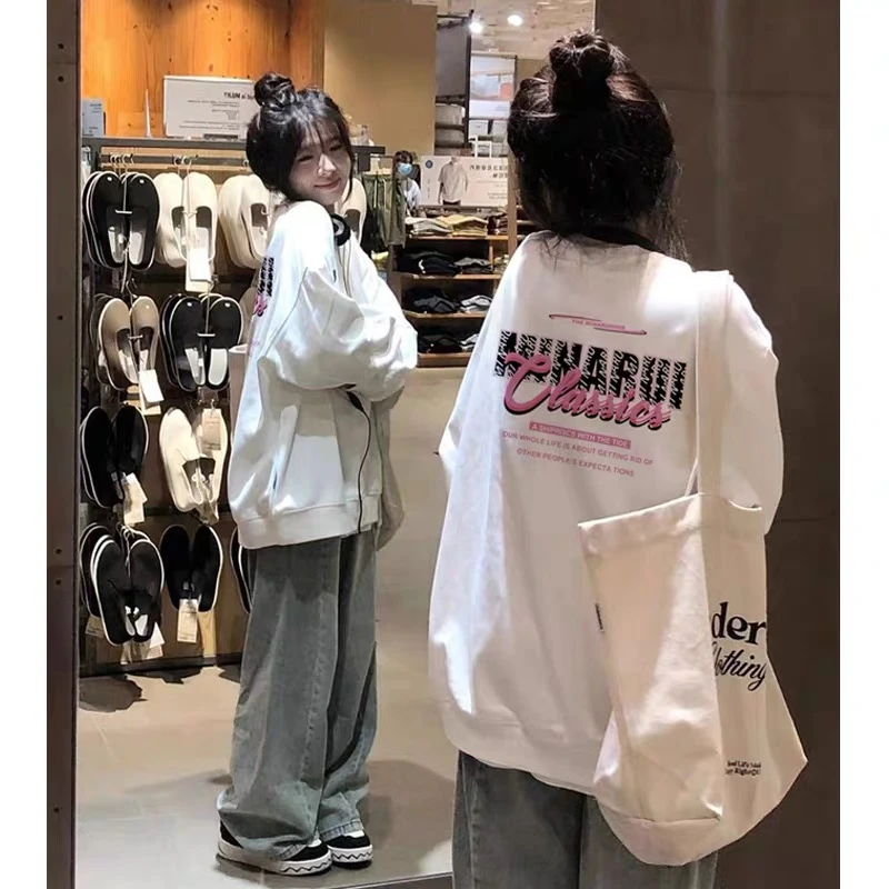 白色慵懒风长袖学生卫衣女休闲宽松oversize美式复古秋冬潮牌上衣