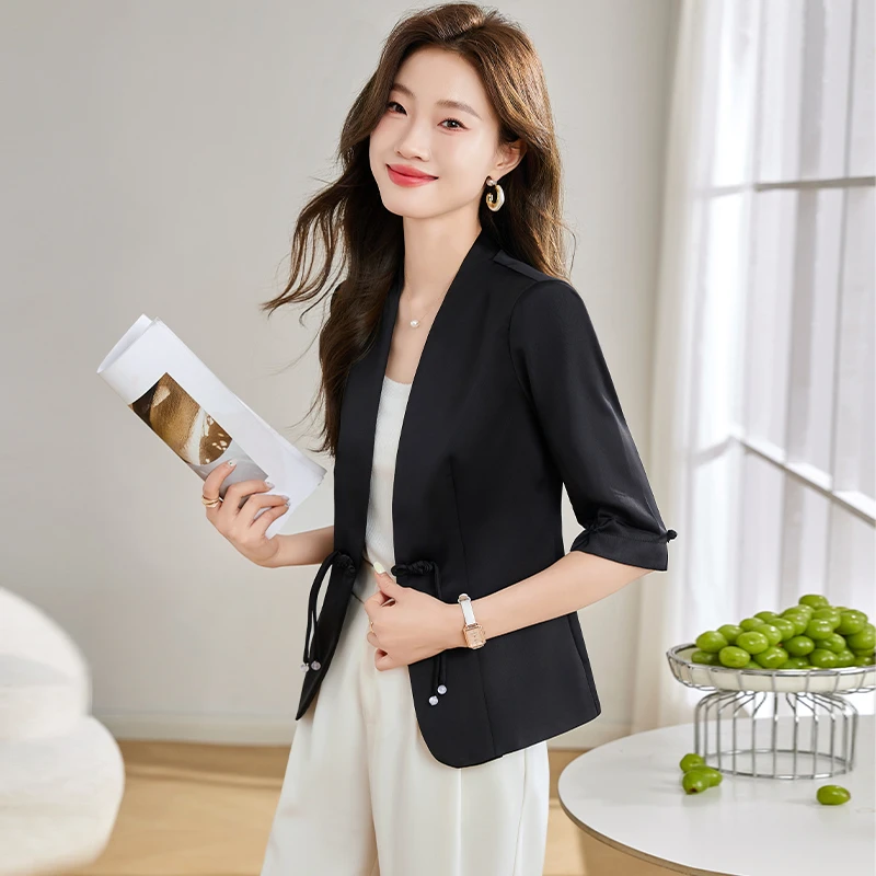 高端黑色中袖国风小西装外套女2026新款夏季新中式职业西服上衣夏