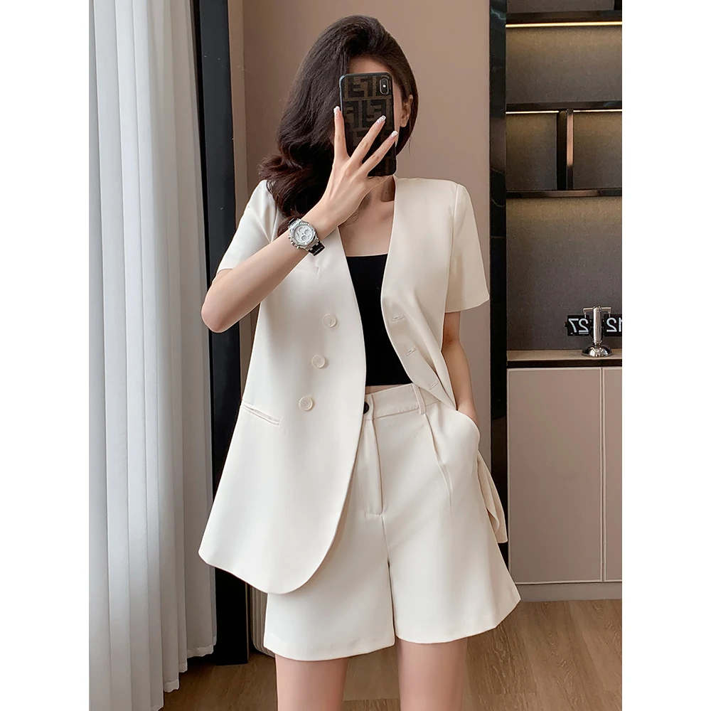 白色短袖西装外套女夏季薄款2026新款小个子气质休闲职业西服套装