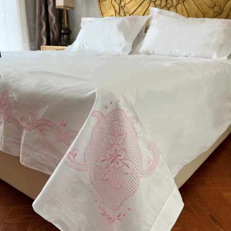 cp法式风 白底彩色花卉纯手工扎目绣花棉麻床品 家纺床单三件套