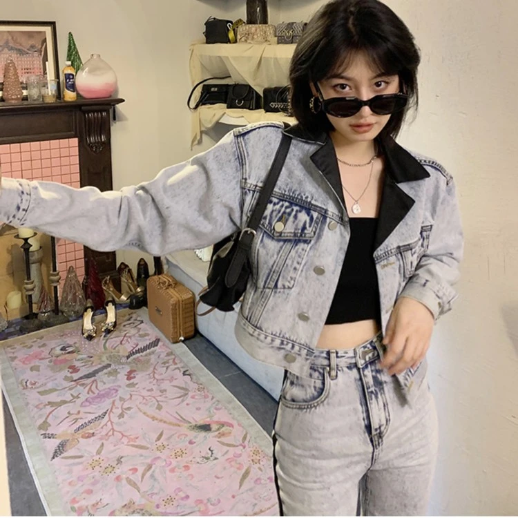 【特价 】犹如雪花撞色拼接牛仔套装 YD211127