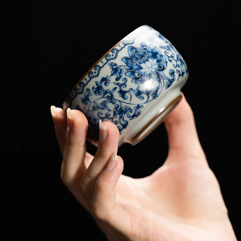 荏仟堂汝窑缠枝莲鎏银陶瓷茶杯品茗杯主人杯开片可养功夫杯马蹄茶