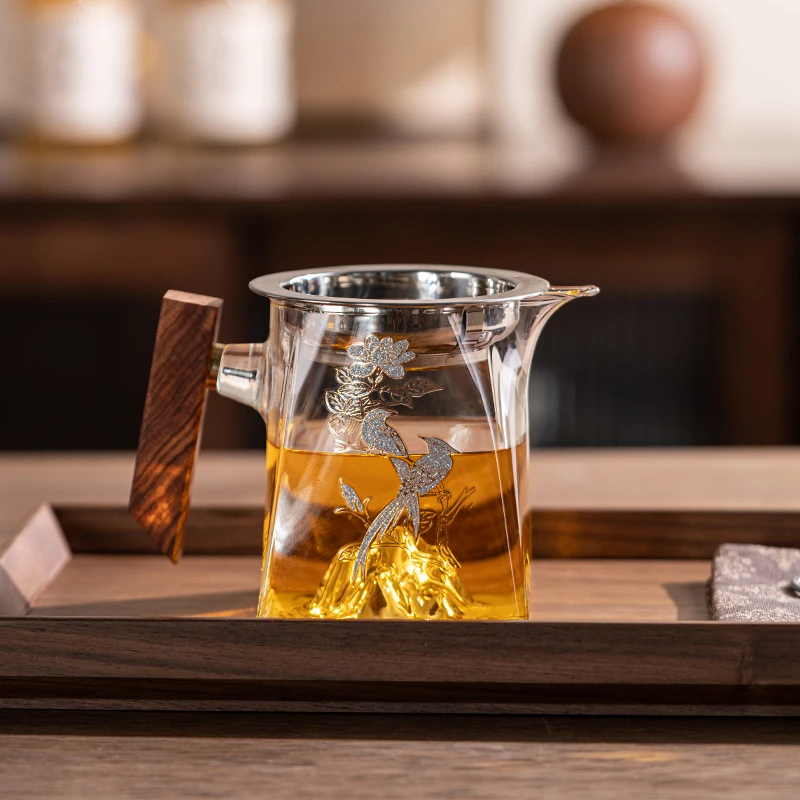 耐热加厚玻璃公道杯高端木把花鸟观山公道杯家用高档公杯手工分茶