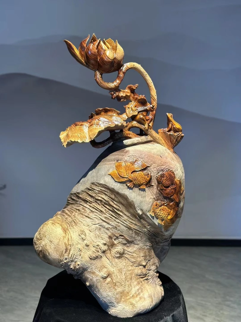 根雕摆件 荷叶青蛙摆件