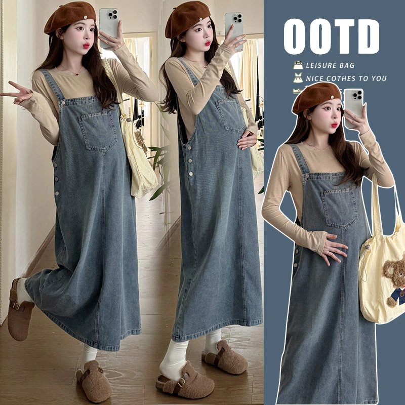 【MOMO】孕妇装2024新品牛仔套装连衣裙秋季牛仔吊带连衣裙两件套