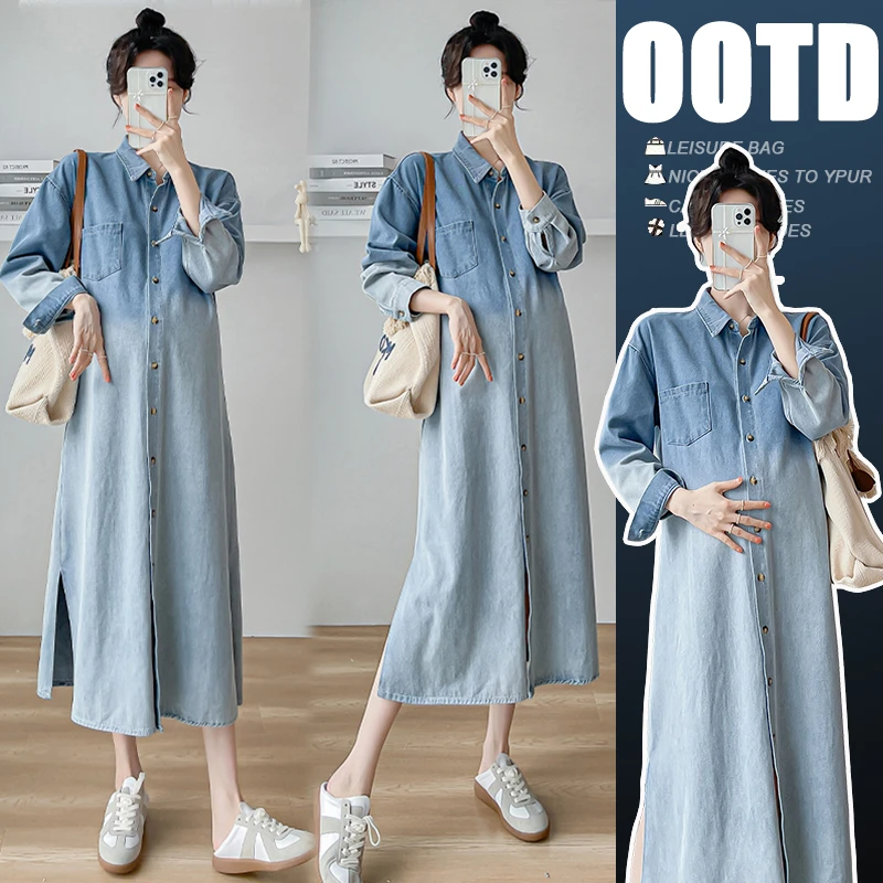 【MOMO】孕妇装2024新款秋冬牛仔渐变重工洗水百搭衬衫连衣裙