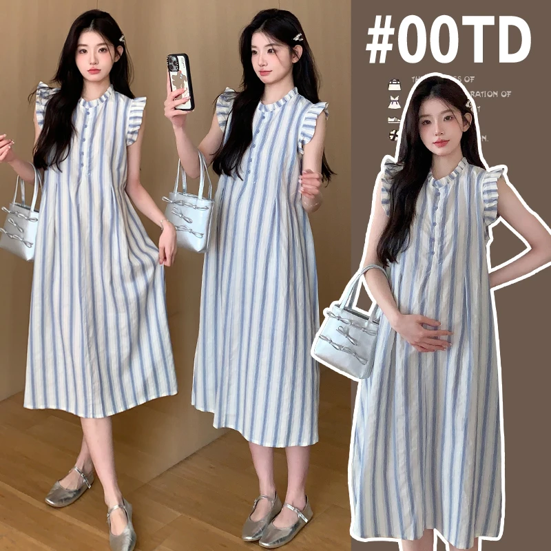 【MOMO】孕妇装夏季2024条纹连衣裙飞飞袖中长款孕妈妈裙子A字裙