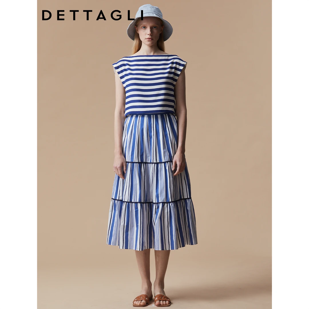 Dettagli/迪塔莉春夏宽松时尚休闲条纹压褶显瘦半身裙女DB23B0013