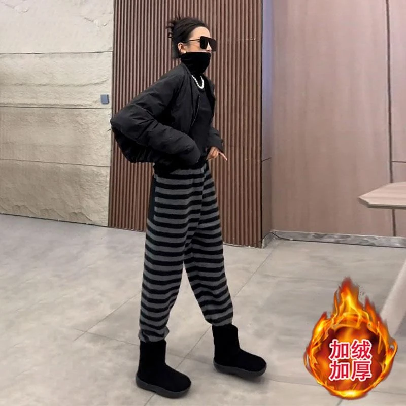 加绒条纹卫裤女2025秋冬新款高腰束脚裤小个子时尚百搭休闲长裤潮