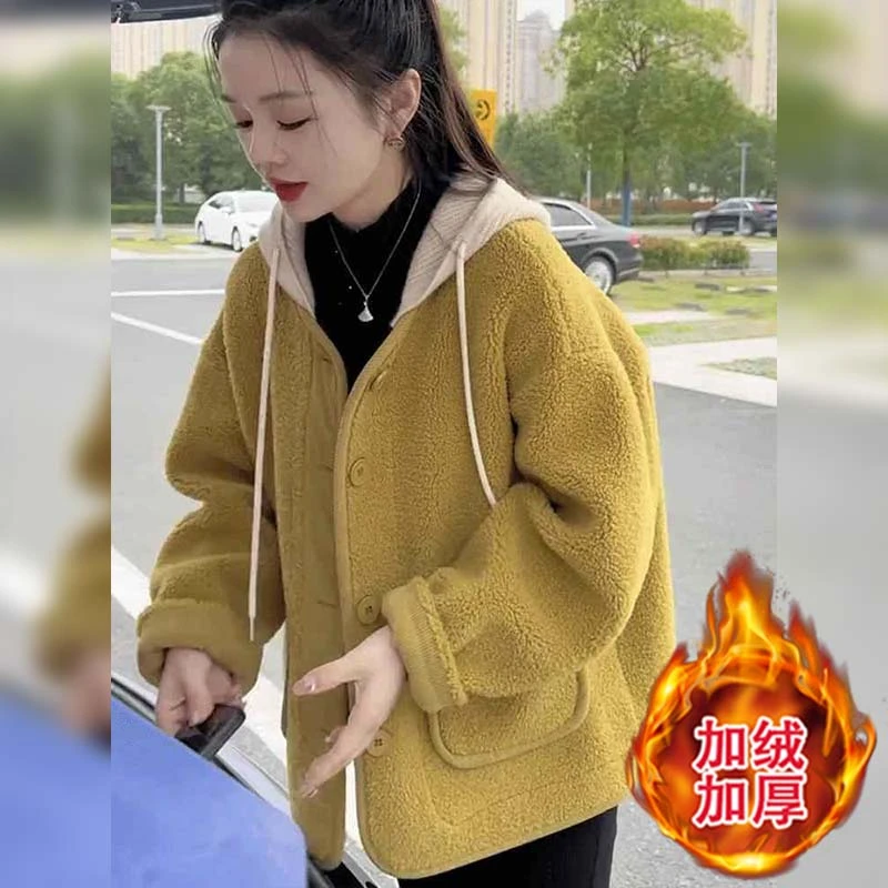 2024秋冬新款女士加绒加厚连帽外套宽松显瘦小个子百搭保暖上衣