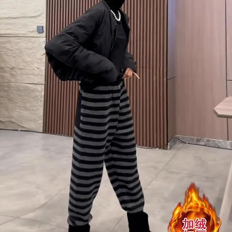 欧货时尚百搭撞色条纹休闲哈伦裤2025秋冬新款慵懒感加绒束脚裤女