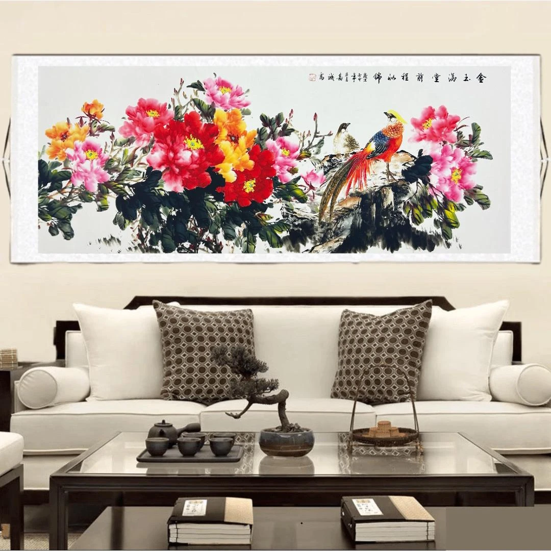 锦鸡牡丹大丈二已装裱320cm*96cm卧室客厅办公室装饰画
