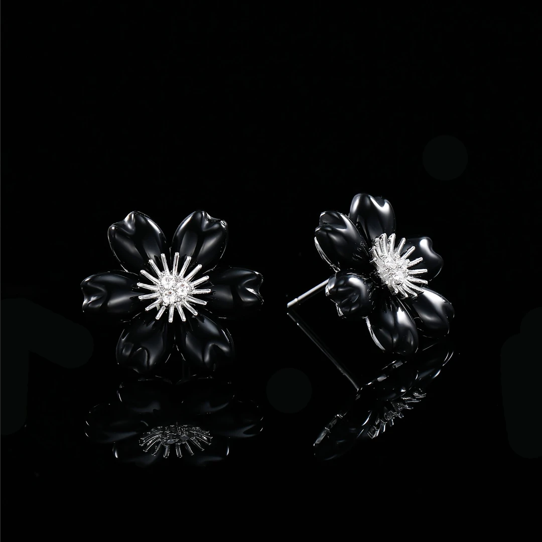 铜合金耳饰 木木（SY2738）AFA-0070B日韩时尚黑色花朵小香风耳钉