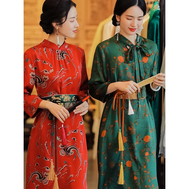 复古日记桑蚕丝满印国风连衣裙a字中长裙中国风气质常规连衣裙女