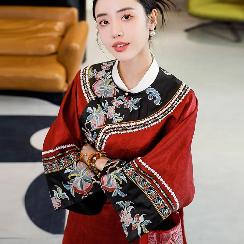 复古日记100桑蚕丝新中式圆领绣花宽松女装上衣24GWS343