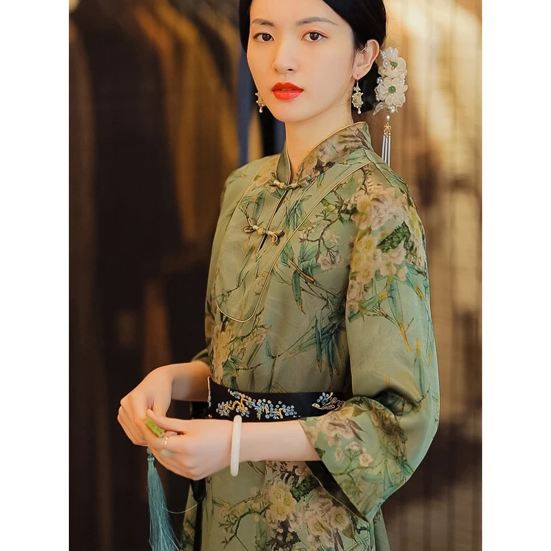 复古日记山花邻春丨重缎香云纱满印国风宽松显瘦连衣裙221L6280