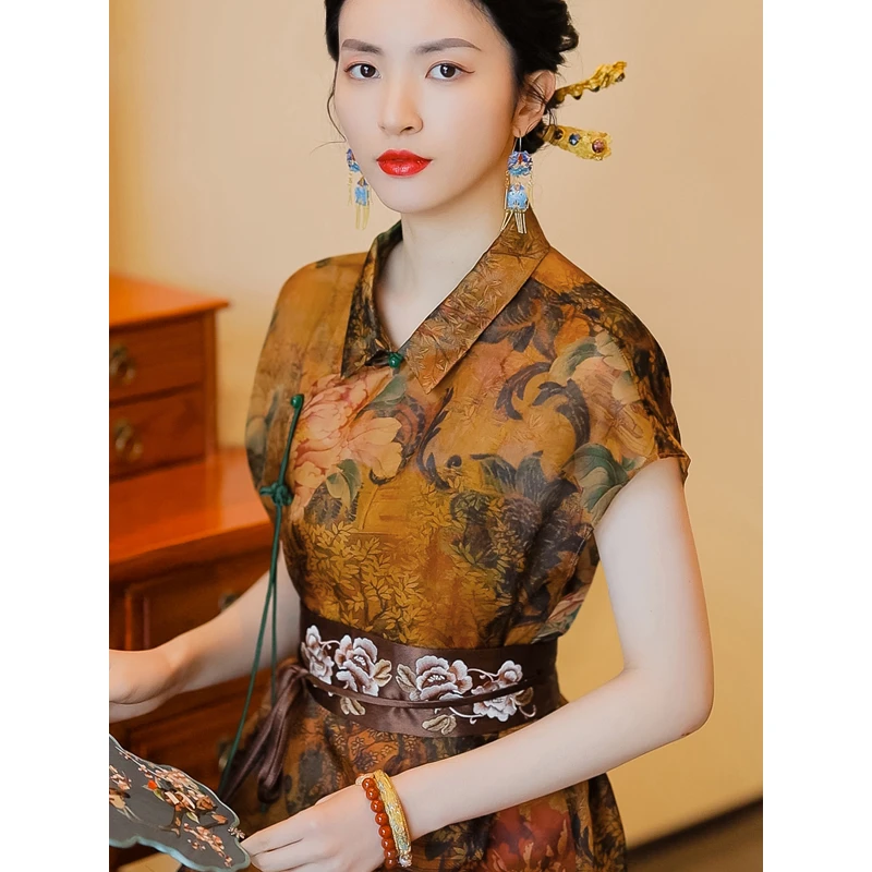 复古日记100桑蚕丝连衣裙夏季气质国风茶服裙子女22FLS207