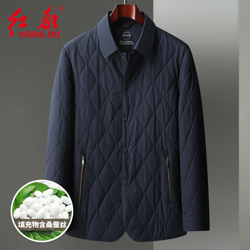 红都冬季新款棉服男无缝压胶翻领棉衣菱形格棉袄外套男HD23A2308