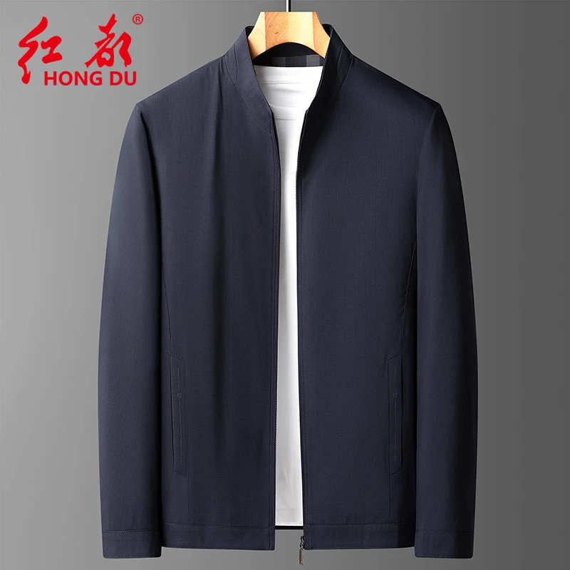 红都 J-23559春季新款男士政务休闲夹克 立领拉链暗格纹男茄克衫