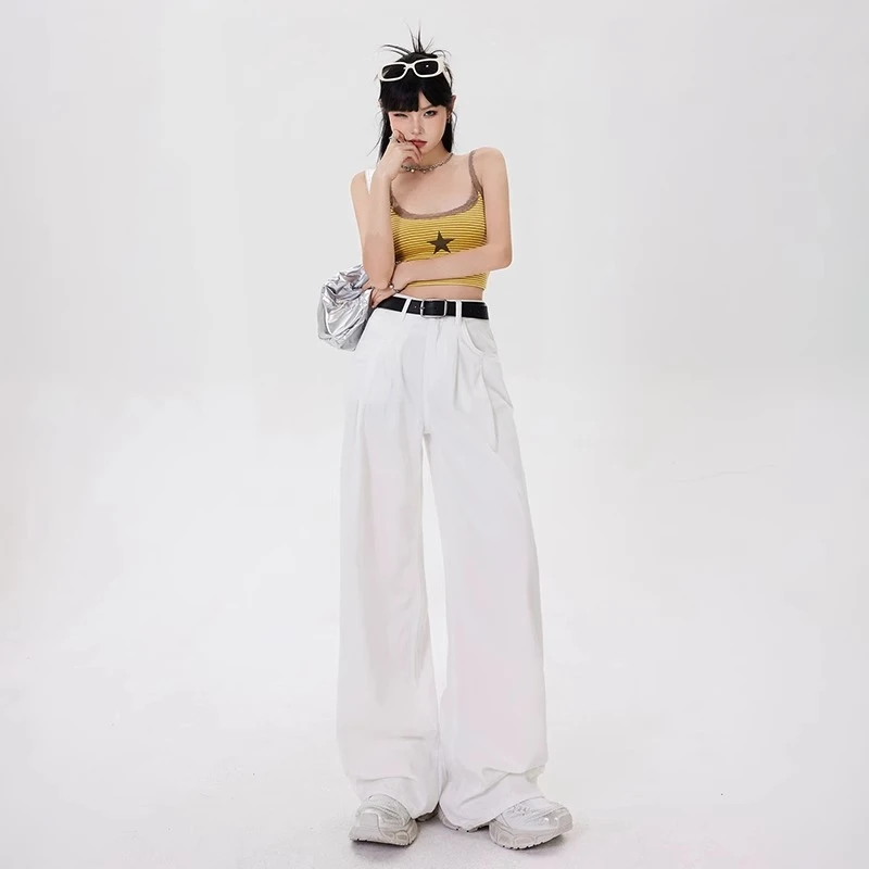 【送腰带/运费险】 白色牛仔裤女高腰时尚宽松休闲裤显瘦阔腿裤百搭