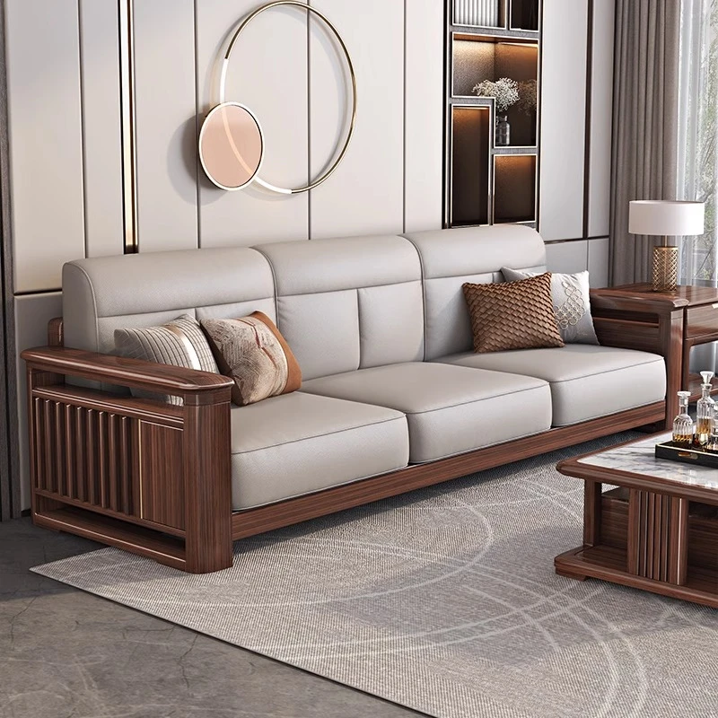 新中式实木沙发胡桃木客厅大别墅科技布现代中式贵妃转角简约沙发
