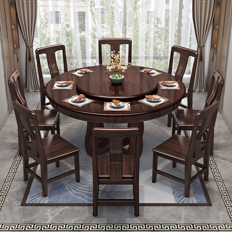 新中式紫金檀木实木餐桌餐椅组合圆形家用客厅吃饭桌子全实木圆桌