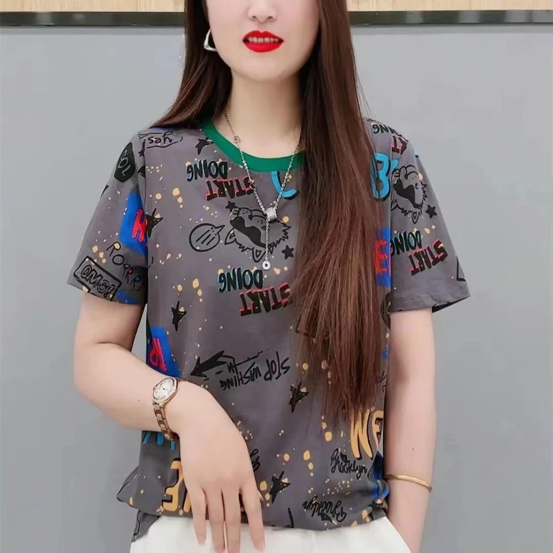 涂鸦印花短袖t恤女时尚显瘦遮肚子宽松洋气百搭圆领显瘦上衣