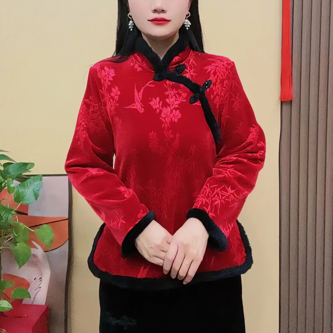 2025新款国风立领盘扣小衫冬装妈妈装冬季加绒加厚国风新中式女装