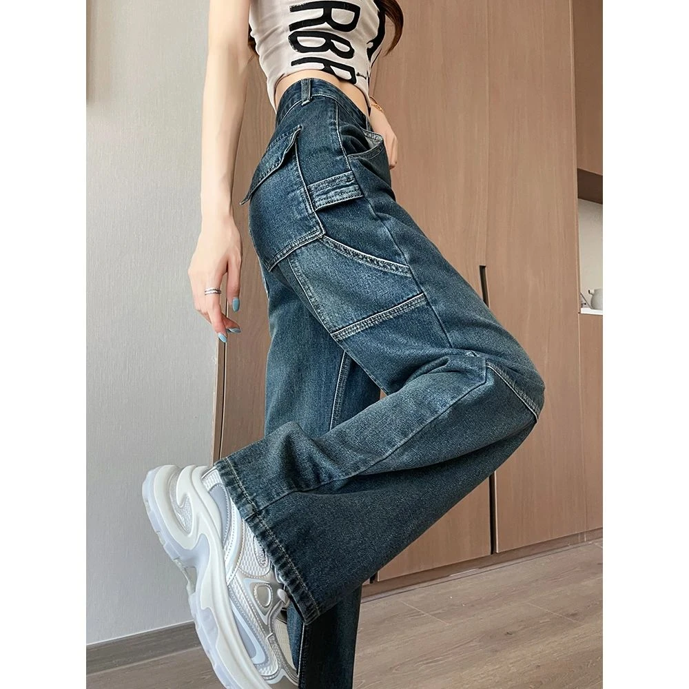 美式复古工装裤子女宽松牛仔阔腿裤春秋新款牛仔高腰直显瘦筒裤潮