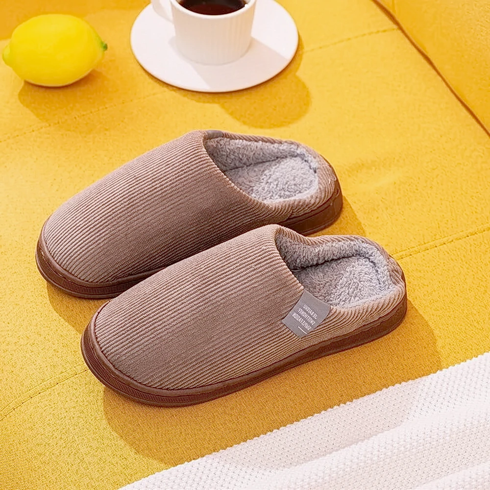 冬季家居防滑保暖棉鞋绣标竖条纹灯芯绒侧标包跟拖鞋舒适与时尚兼