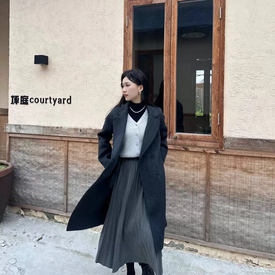 气质双面羊毛大衣毛呢中长款外套显瘦小个子双面毛呢外套女