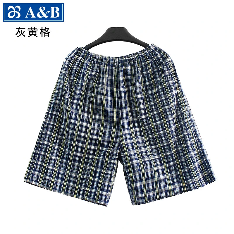 ab水洗纯棉睡裤男士格子沙滩裤夏季短裤宽松家居阿罗裤短裤外穿薄