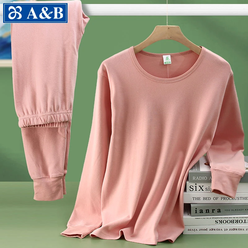 AB内衣女士保暖内衣套装纯棉中厚秋冬圆领磨毛秋衣秋裤女全棉毛衫