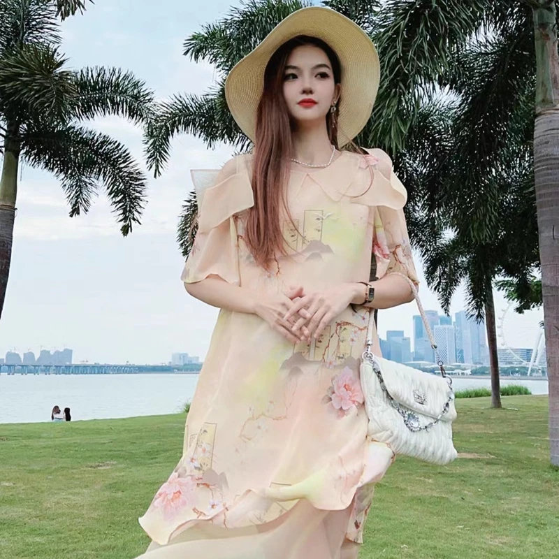 【24031江南美人】高端时尚印花桑蚕丝显瘦复古真丝连衣裙长90