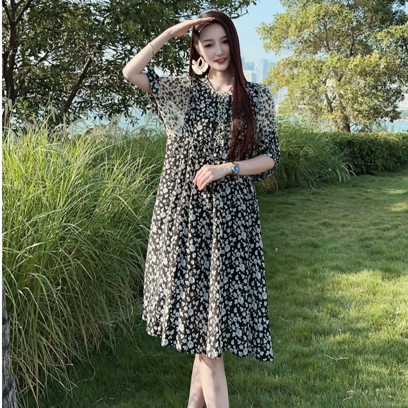 【24021纸落云烟】真丝桑蚕丝气质桑蚕丝时尚优雅真丝连衣裙长100