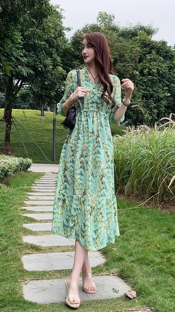 【24069天使之翼】高定定位印花2024新款时尚气质真丝连衣裙长120