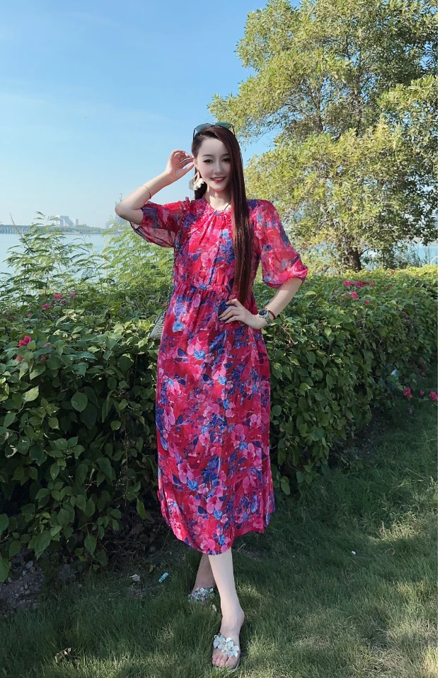 【24006花漾倾城】高端时尚印花法式桑蚕丝显瘦复古真丝连衣裙长115
