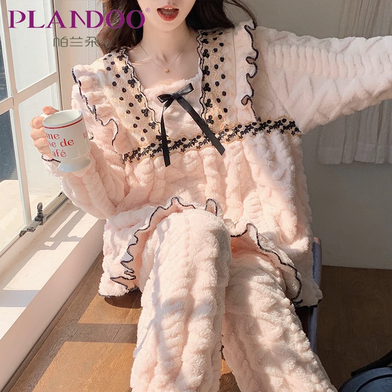 帕兰朵秋冬珊瑚绒加厚女韩版加绒甜美可爱公主风法兰绒家居服套装